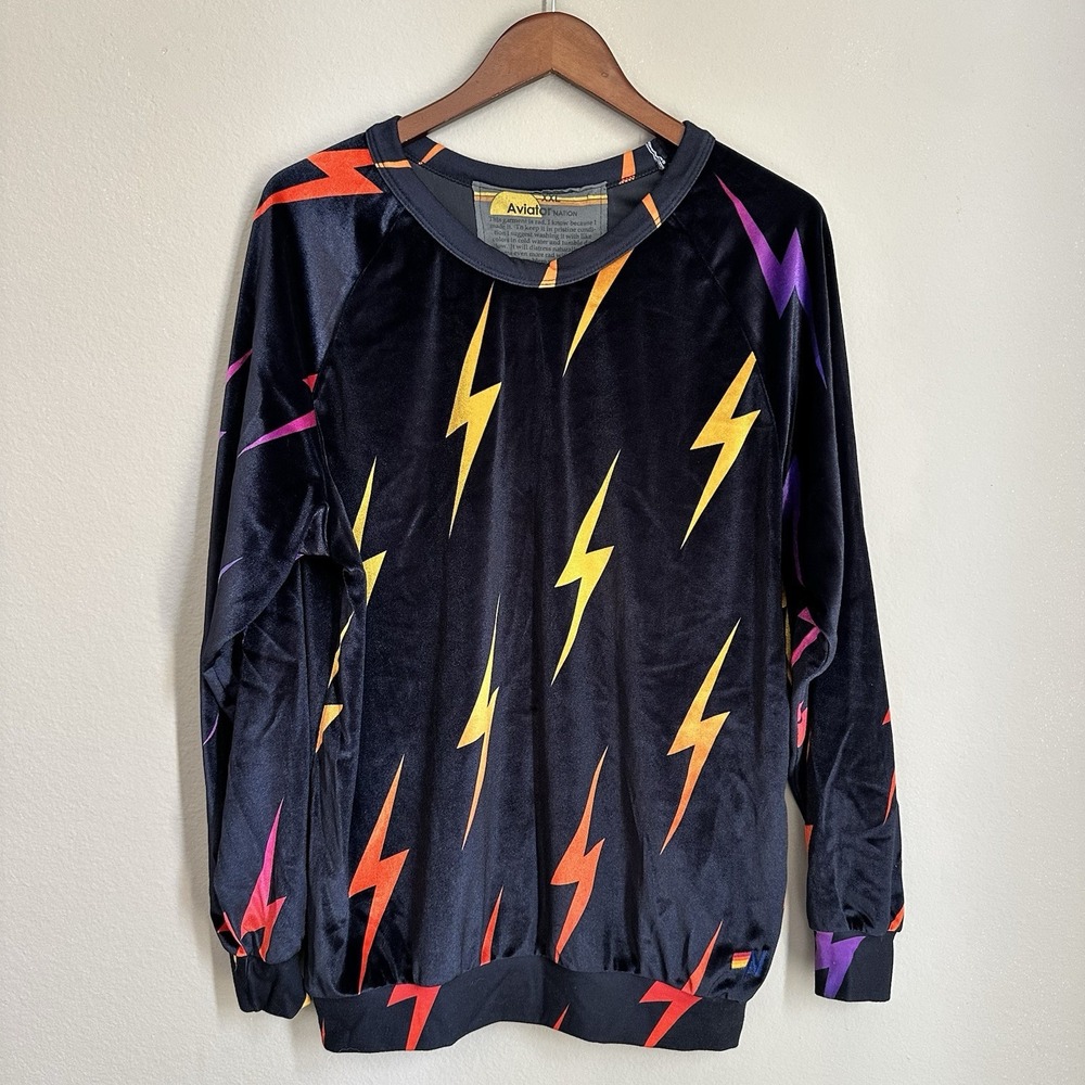 Aviator Nation Black Velvet Sweatshirt Lightning Bolt Retro Streetwear Glam USA